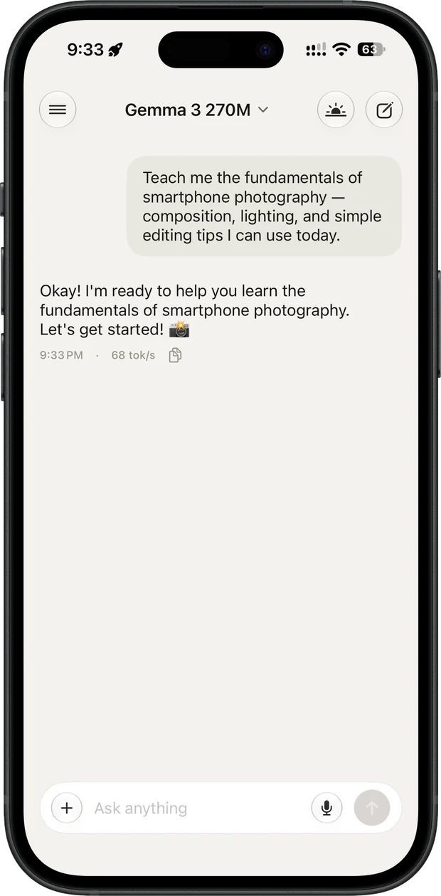 Pocket AI chat screen running Gemma 3 270M on-device at 68 tokens per second